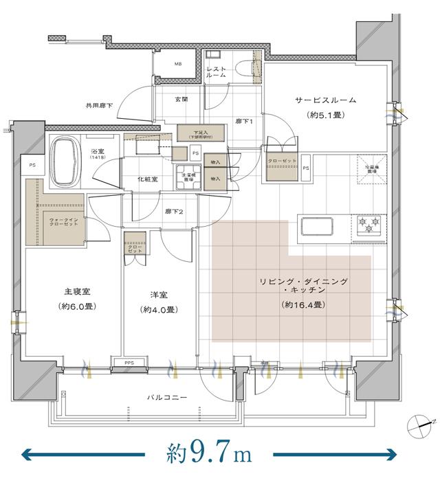 ピアース戸越公園レジデンスの間取り図　E：2LDK+S+WIC