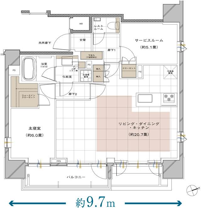 ピアース戸越公園レジデンスの間取り図　E[MENU PLAN1]：1LDK+S+WIC