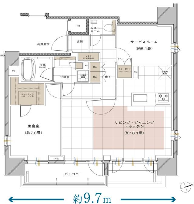 ピアース戸越公園レジデンスの間取り図　E[MENU PLAN2]：1LDK+S+WIC