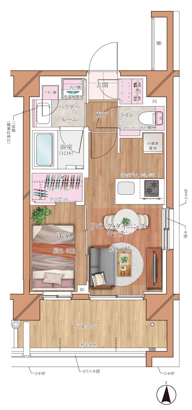 ヴァースクレイシアIDZたまプラーザの間取り図　A1：1LDK+WIC+SIC