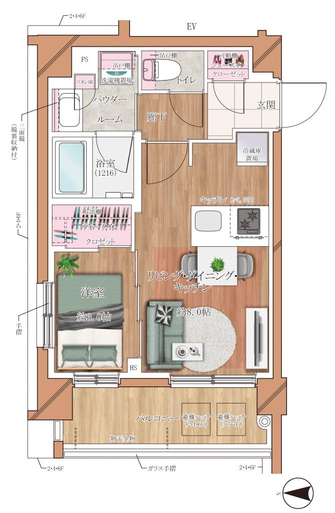 ヴァースクレイシアIDZたまプラーザの間取り図　B：1LDK+WIC+SIC