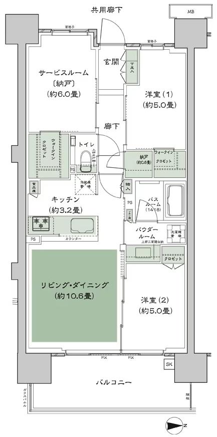 シティハウス平井の間取り図　B-K：2LDK+S(サービスルーム[納戸])+N(納戸)+2WIC(ウォークインクロゼット)