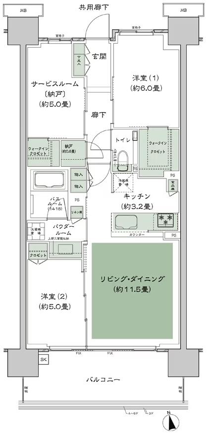 シティハウス平井の間取り図　C-B3a：2LDK+S(サービスルーム[納戸])+N(納戸)+2WIC(ウォークインクロゼット)