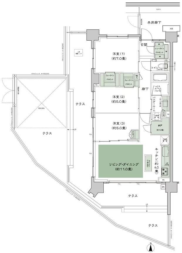 シティハウス平井の間取り図　A-Jt：3LDK+N(納戸)+2WIC(ウォークインクロゼット)+SIC(シューズインクロゼット)