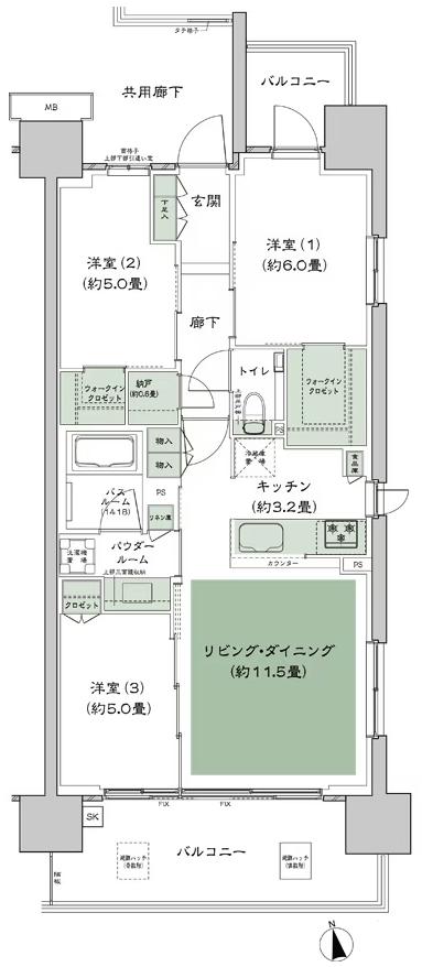 シティハウス平井の間取り図　C-C：3LDK+N(納戸)+2WIC(ウォークインクロゼット)