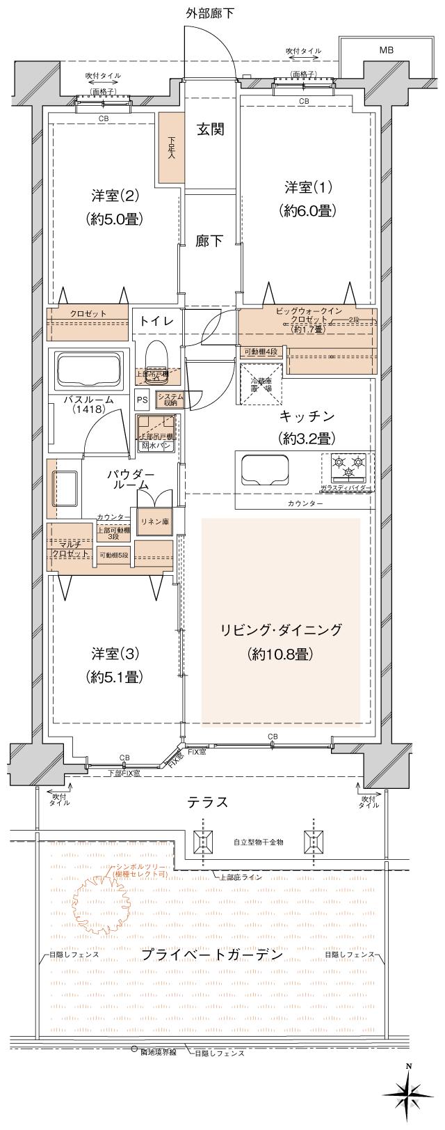 ヴェレーナ大宮櫛引町の間取り図　Eg：3LDK+T+PG+BW