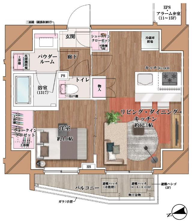 ヴァースクレイシアIDZ上野の間取り図　B：1LDK+WIC+SIC