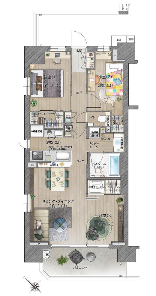 ガーラ・レジデンス船堀ブライトの間取り図　A：3LDK+2WIC+FUC