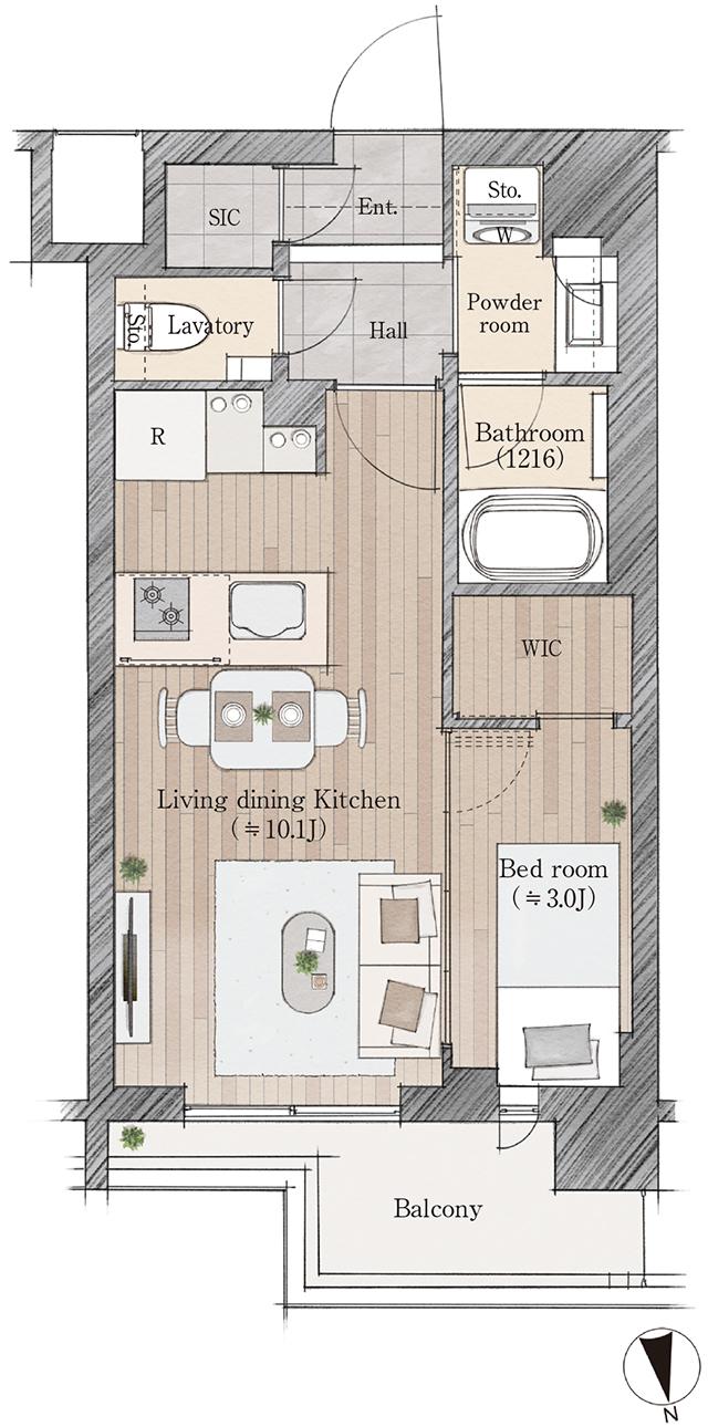 レジデンシャル品川荏原町の間取り図　J：1LDK