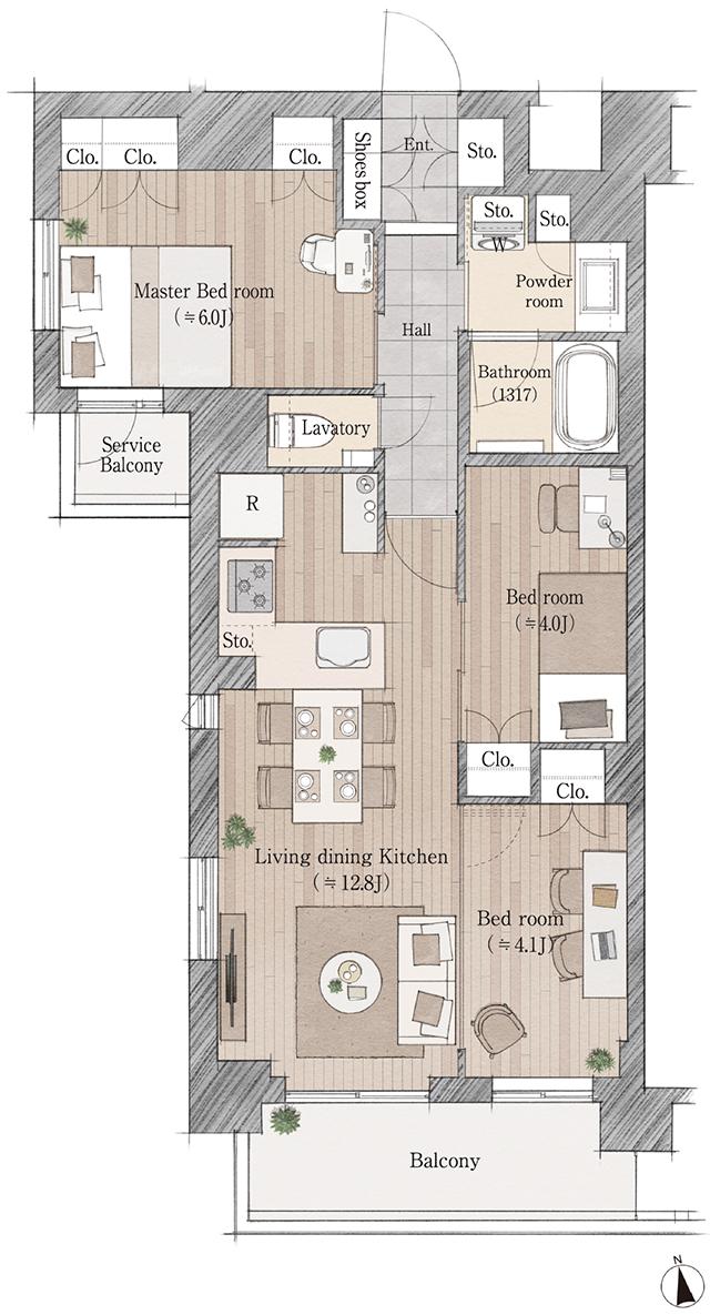 レジデンシャル品川荏原町の間取り図　A：3LDK