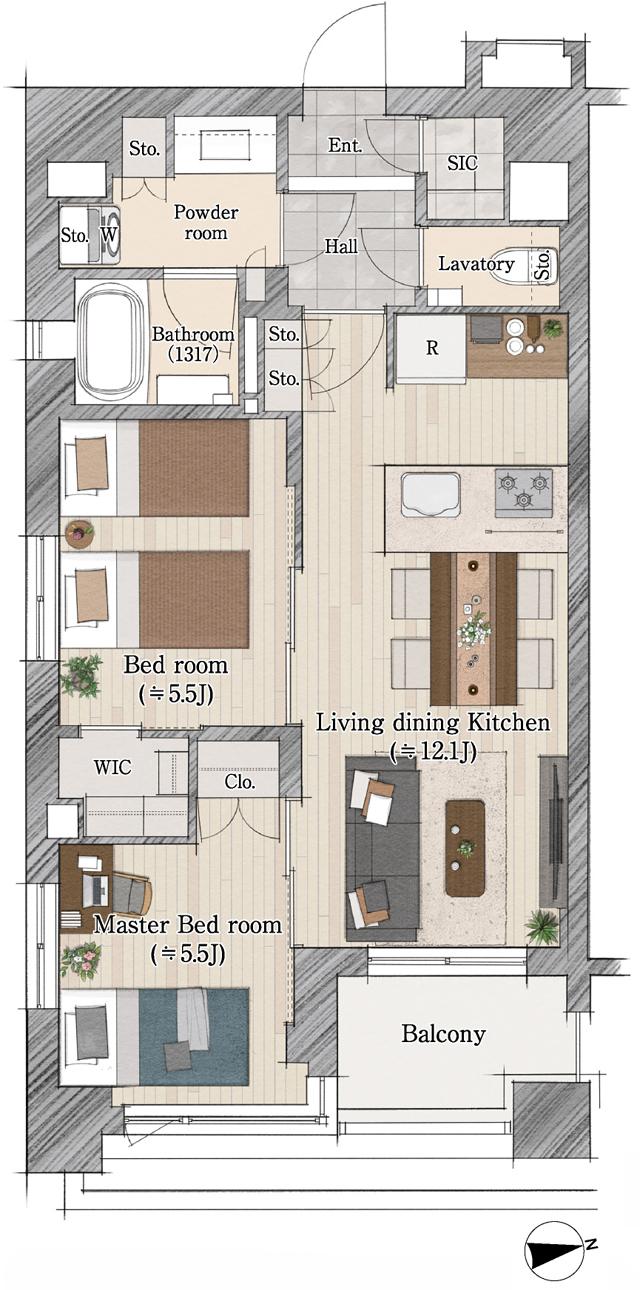 レジデンシャル品川荏原町の間取り図　E：2LDK+WIC+SIC