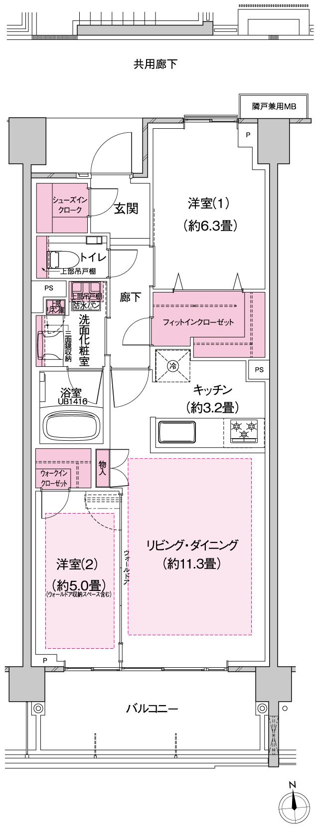 プラウド田無サウスアベニューの間取り図　B：2LDK+WIC+FIC+SIC