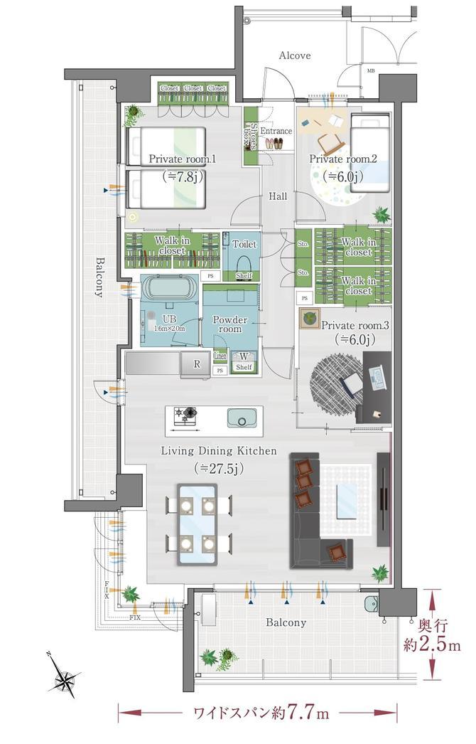 ポレスター自治医大ガーデンヴィラの間取り図　A：3LDK+ウォークインクロゼット×3