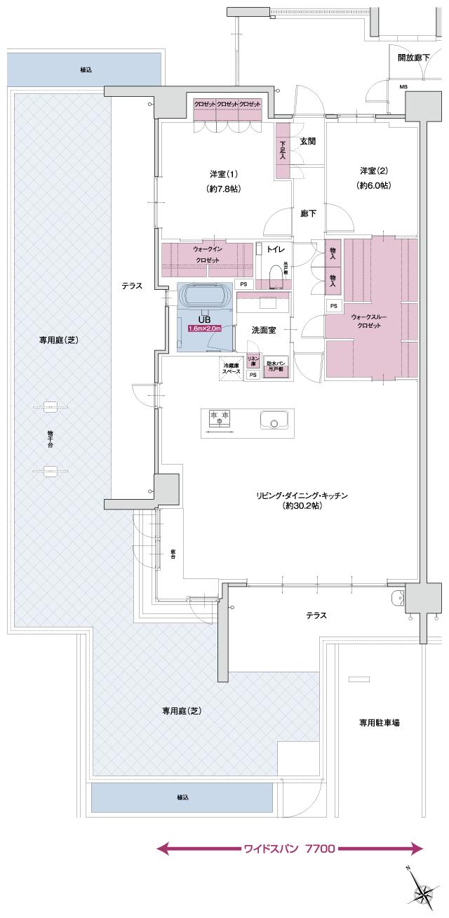 ポレスター自治医大ガーデンヴィラの間取り図　AG MENUPLAN1：2LDK+ウォークインクロゼット+ウォークスルークロゼット