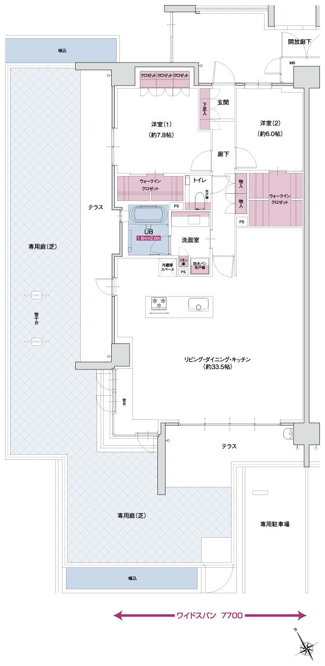 ポレスター自治医大ガーデンヴィラの間取り図　AG MENUPLAN2：2LDK+ウォークインクロゼット×2