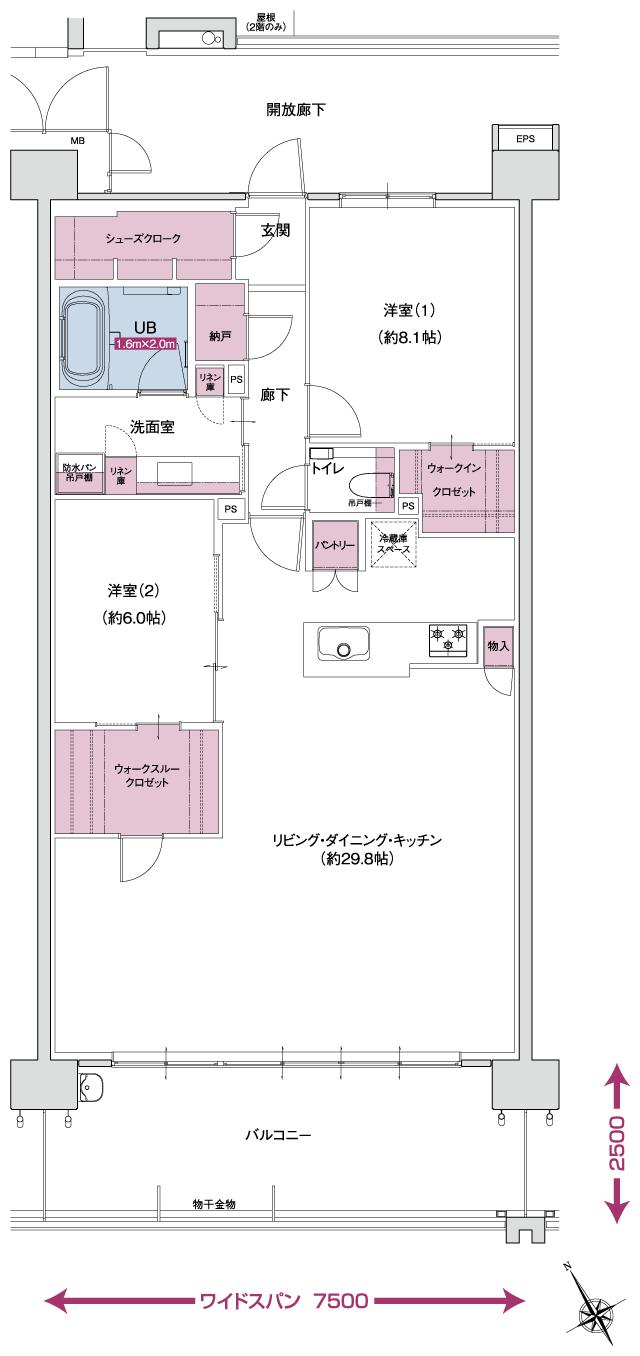 ポレスター自治医大ガーデンヴィラの間取り図　B MENUPLAN：2LDK+ウォークインクロゼット+ウォークスルークロゼット+シューズクローク+納戸+パントリー