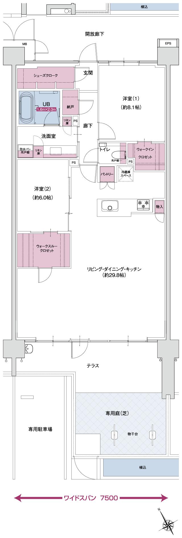 ポレスター自治医大ガーデンヴィラの間取り図　BG MENUPLAN：2LDK+ウォークインクロゼット+ウォークスルークロゼット+シューズクローク+納戸+パントリー