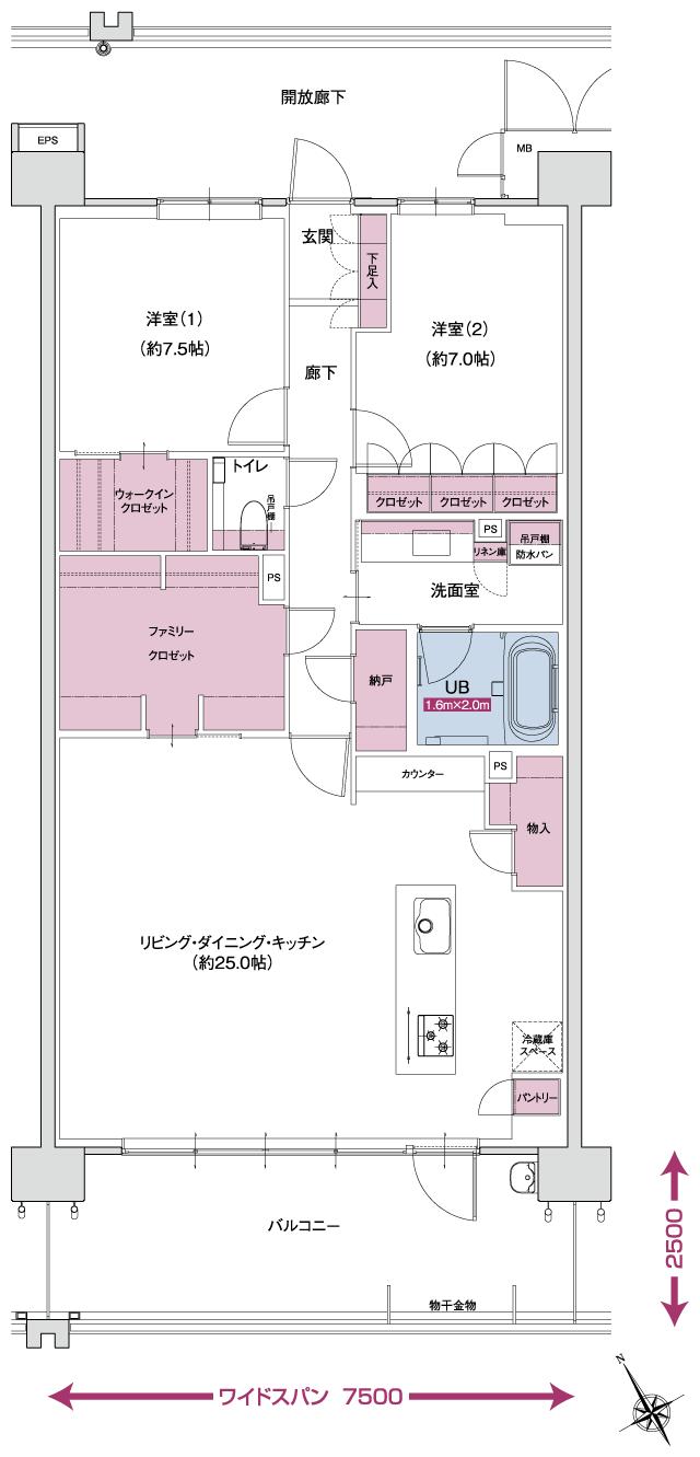 ポレスター自治医大ガーデンヴィラの間取り図　C MENUPLAN：2LDK+ウォークインクロゼット+ファミリークロゼット+納戸+パントリー