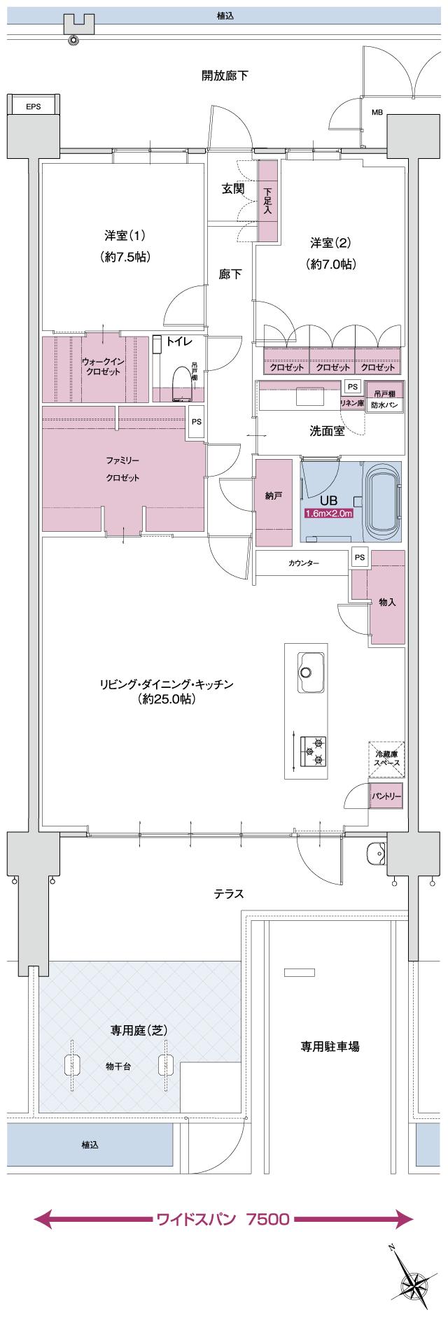 ポレスター自治医大ガーデンヴィラの間取り図　CG MENUPLAN：2LDK+ウォークインクロゼット+ファミリークロゼット+納戸+パントリー