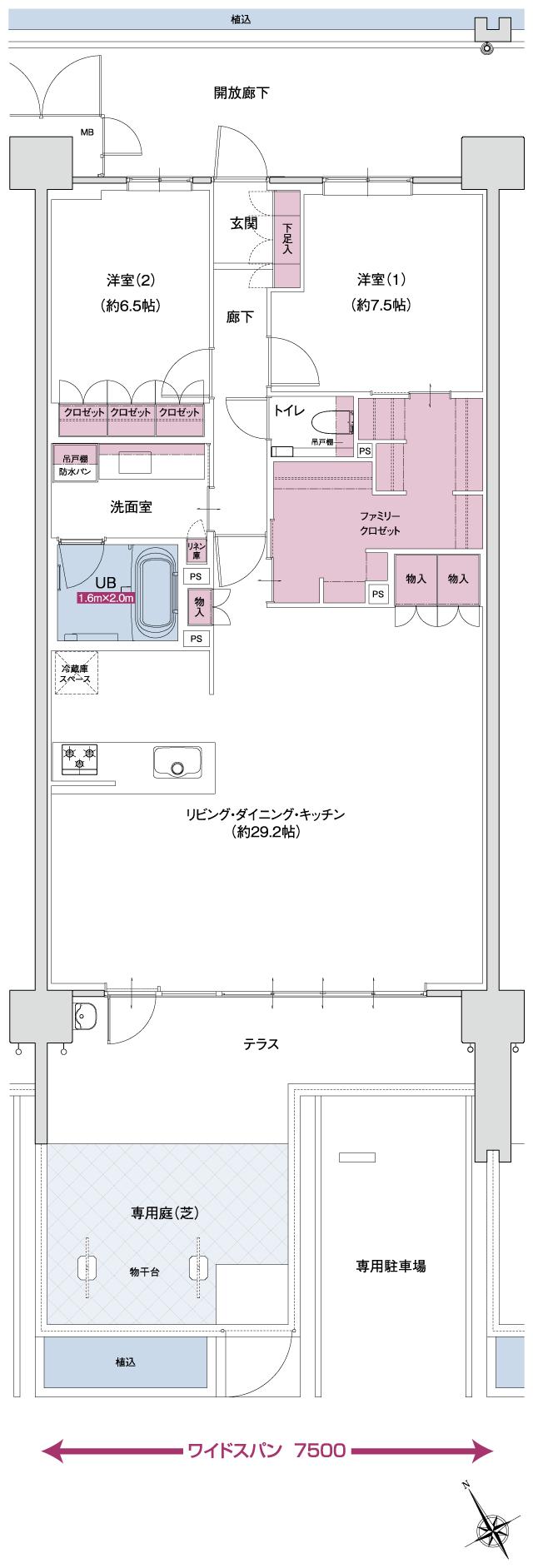 ポレスター自治医大ガーデンヴィラの間取り図　DG MENUPLAN：2LDK+ファミリークロゼット