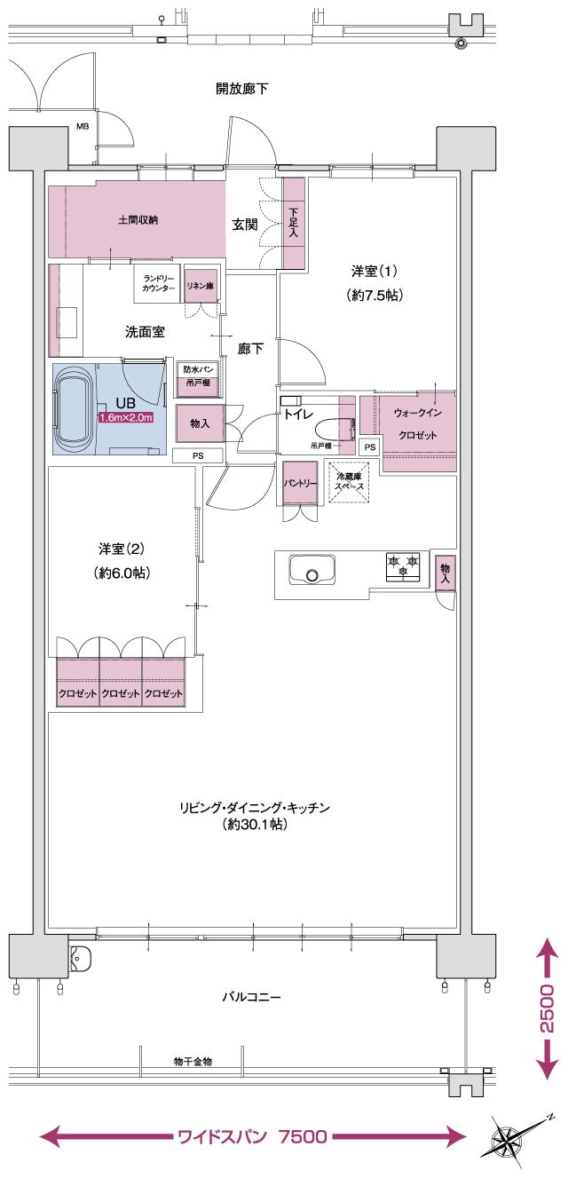 ポレスター自治医大ガーデンヴィラの間取り図　K  MENUPLAN：2LDK+ウォークインクロゼット+土間収納+パントリー