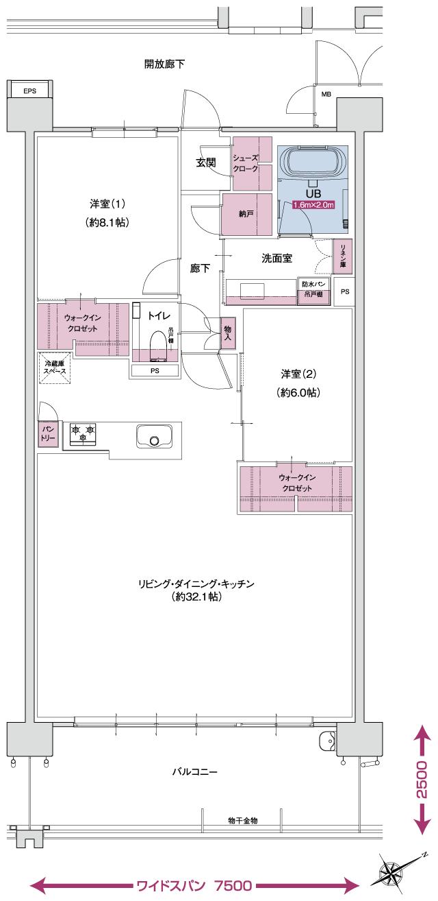 ポレスター自治医大ガーデンヴィラの間取り図　N  MENUPLAN：2LDK+ウォークインクロゼット×2+シューズクローク+納戸+パントリー