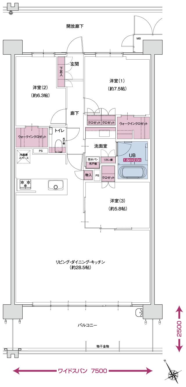 ポレスター自治医大ガーデンヴィラの間取り図　E MENUPLAN1：3LDK+ウォークインクロゼット×2