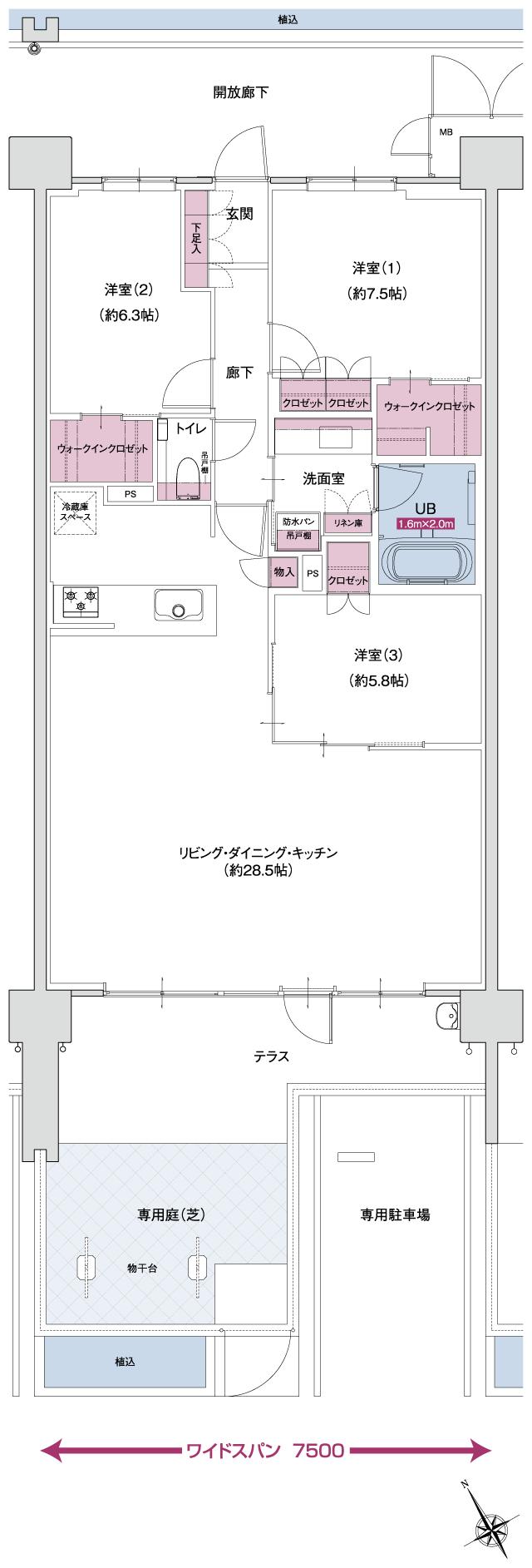ポレスター自治医大ガーデンヴィラの間取り図　EG MENUPLAN1：3LDK+ウォークインクロゼット×2