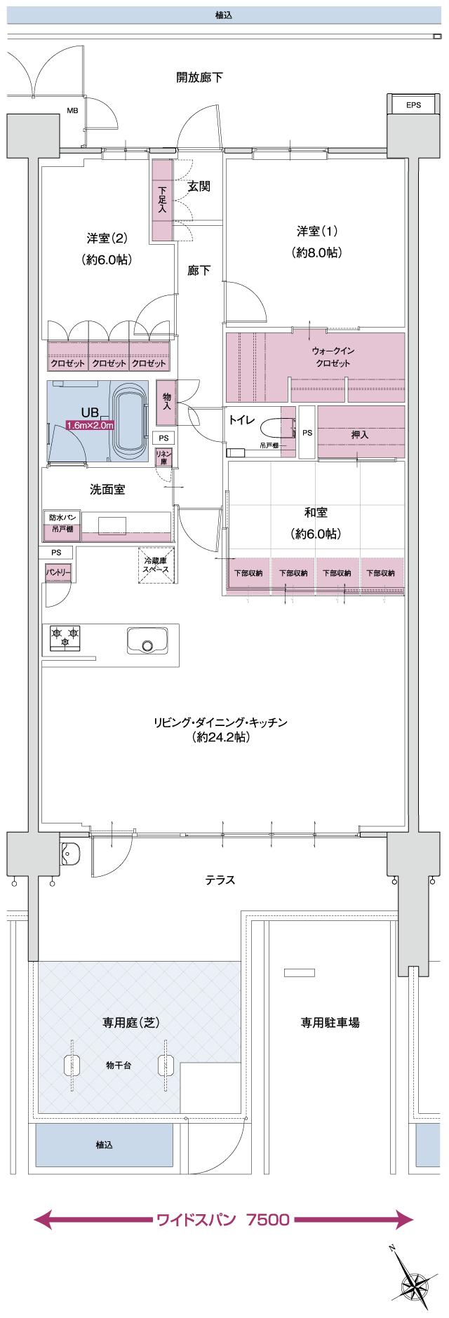 ポレスター自治医大ガーデンヴィラの間取り図　FG MENUPLAN：3LDK+ウォークインクロゼット+パントリー
