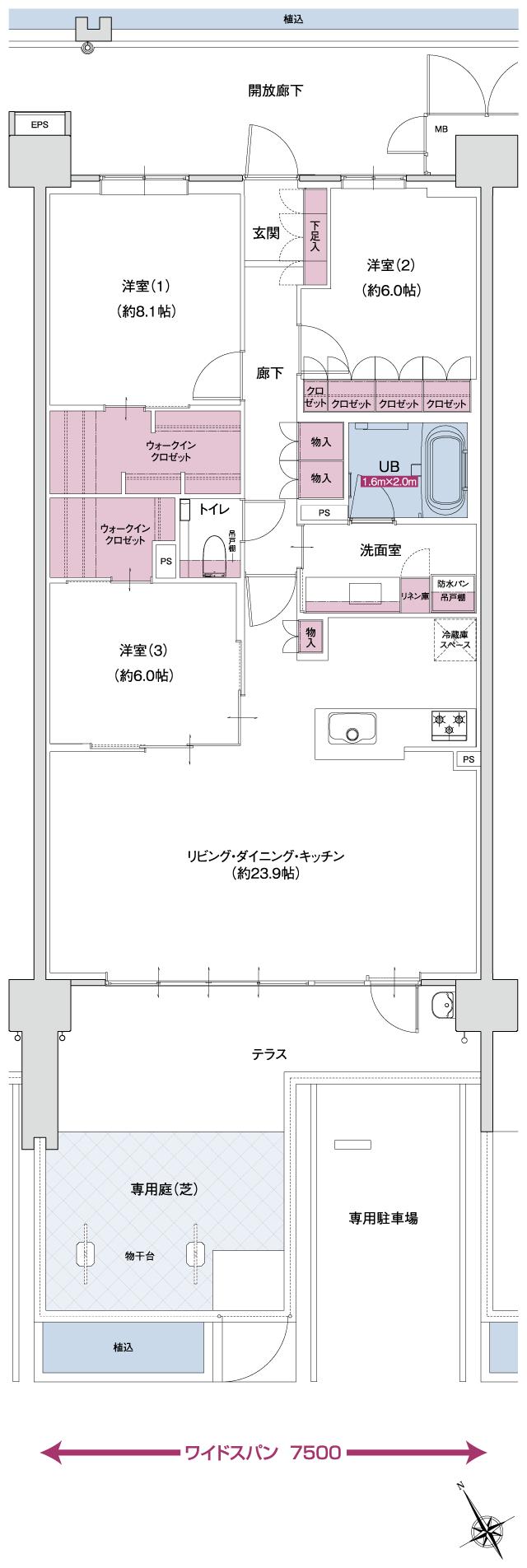 ポレスター自治医大ガーデンヴィラの間取り図　GG MENUPLAN1：3LDK+ウォークインクロゼット×2