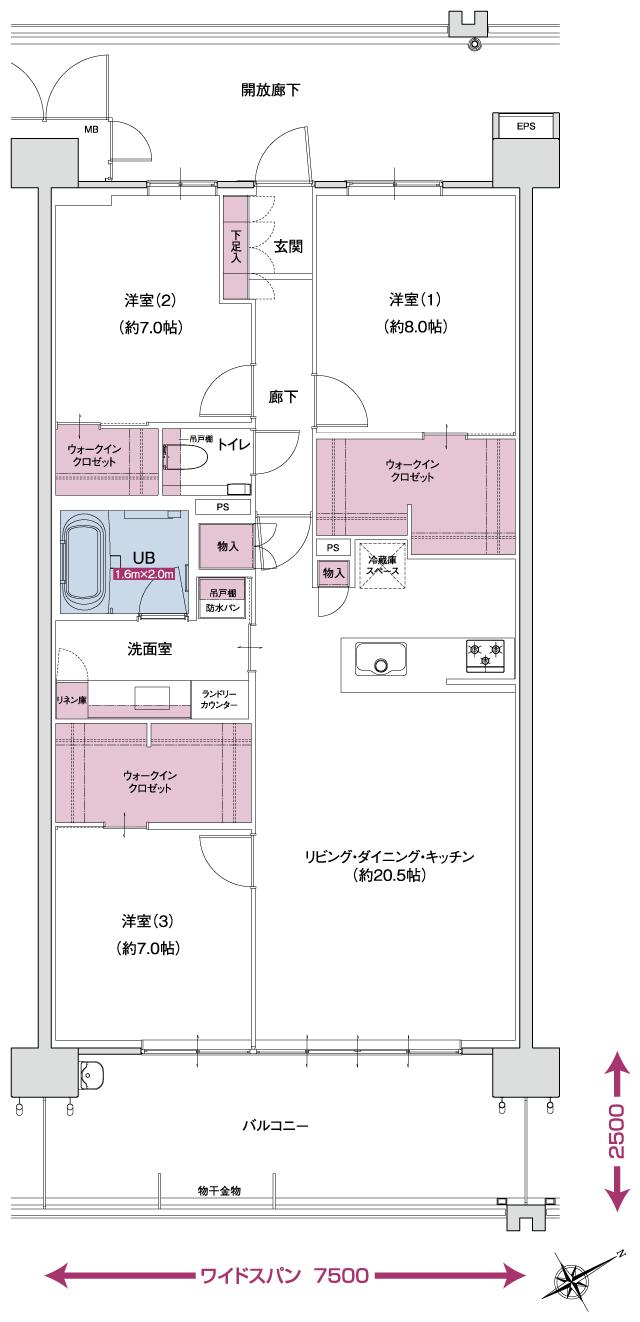 ポレスター自治医大ガーデンヴィラの間取り図　M  MENUPLAN2：3LDK+ウォークインクロゼット×3