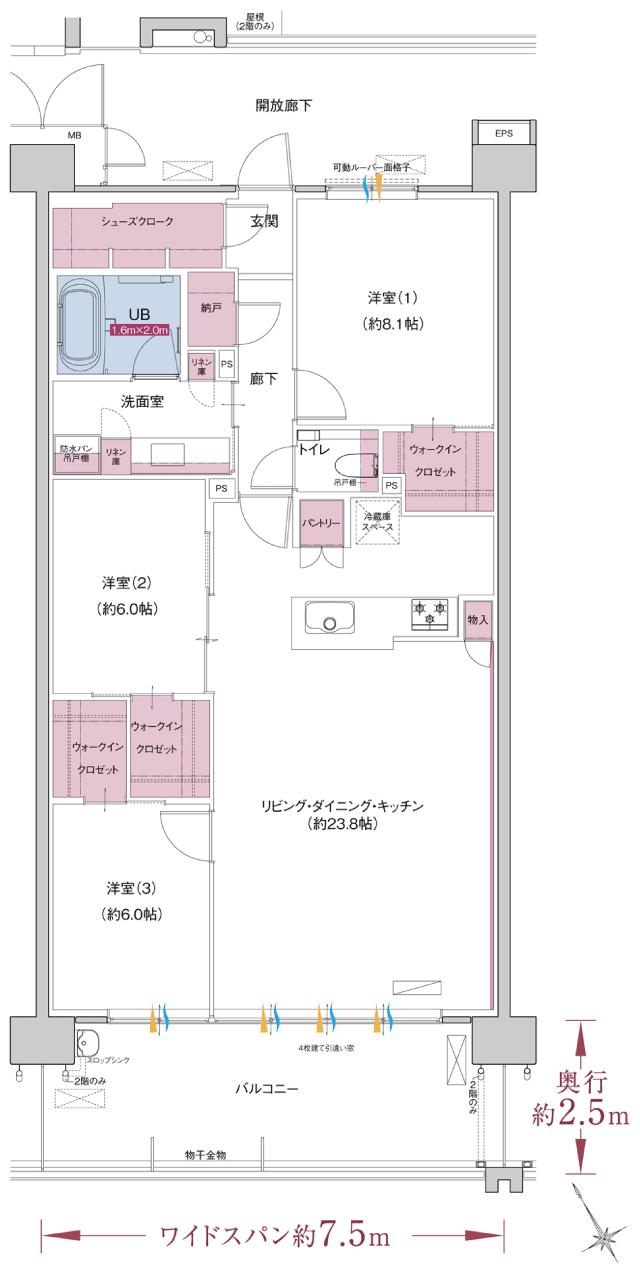 ポレスター自治医大ガーデンヴィラの間取り図　B：3LDK+ウォークインクロゼット×3+シューズクローク+納戸+パントリー