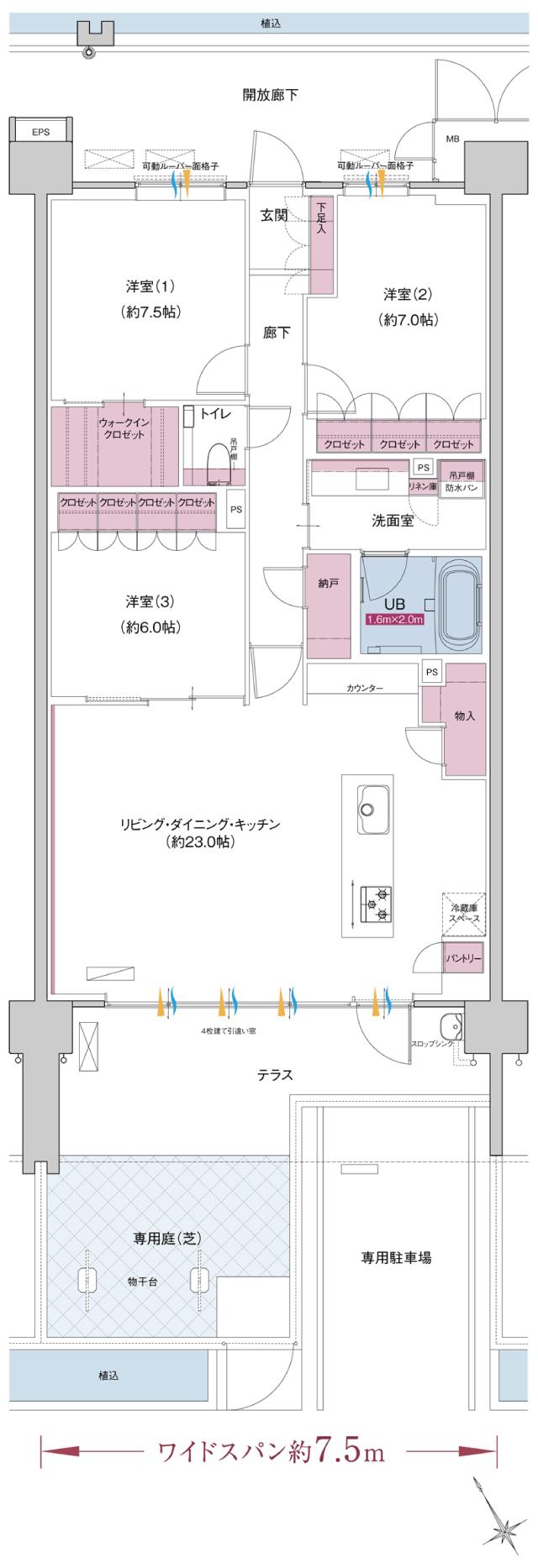 ポレスター自治医大ガーデンヴィラの間取り図　CG：3LDK+ウォークインクロゼット+納戸+パントリー