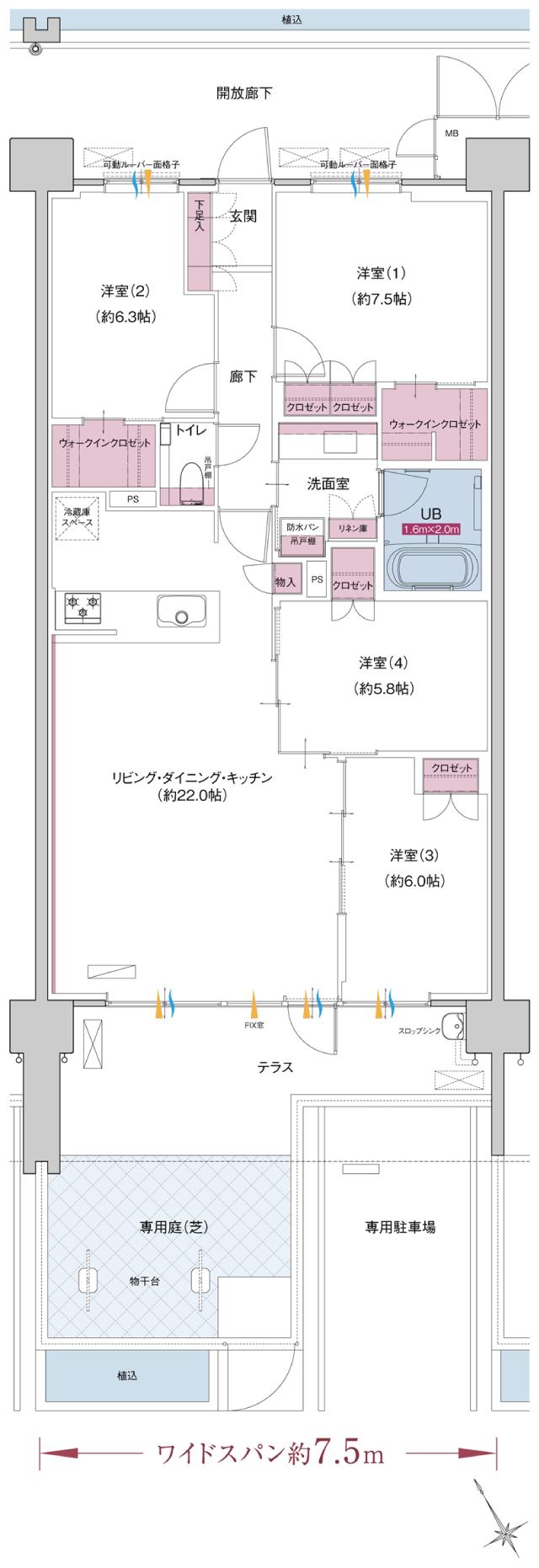 ポレスター自治医大ガーデンヴィラの間取り図　EG：4LDK+ウォークインクロゼット×2