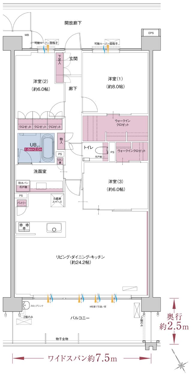 ポレスター自治医大ガーデンヴィラの間取り図　F：3LDK+ウォークインクロゼット×2+パントリー