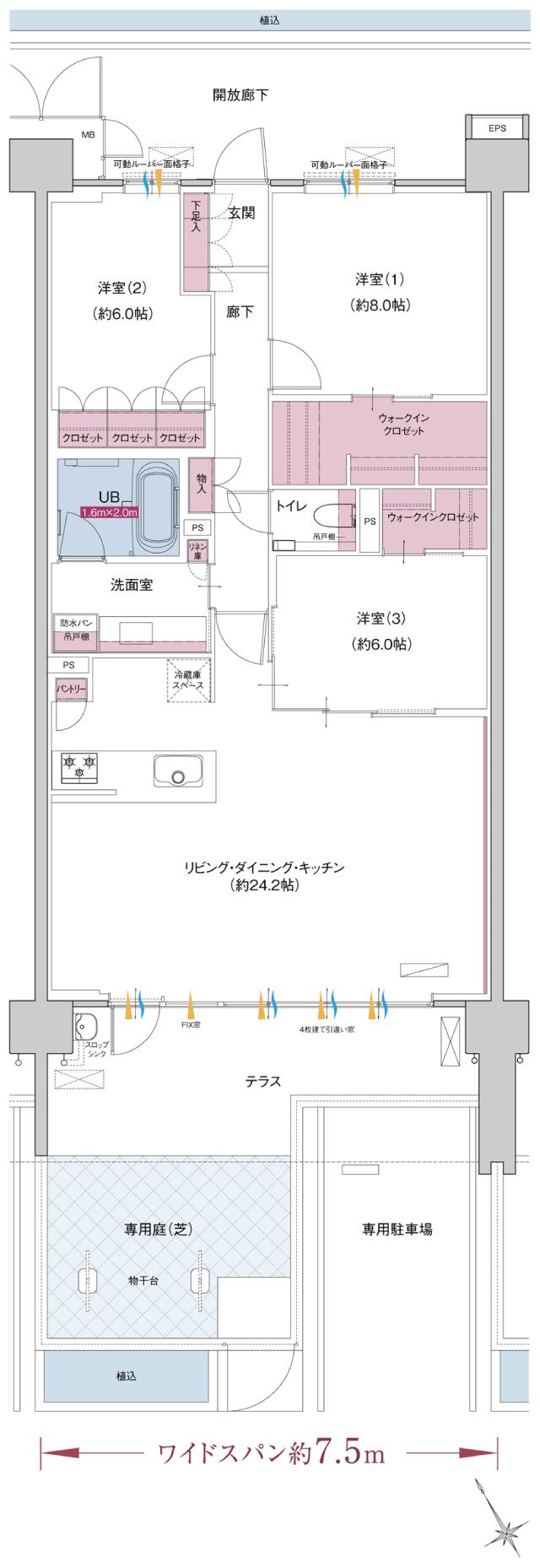 ポレスター自治医大ガーデンヴィラの間取り図　FG：3LDK+ウォークインクロゼット×2+パントリー