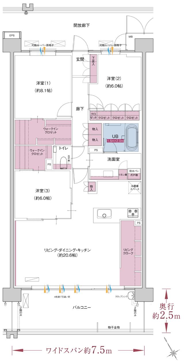 ポレスター自治医大ガーデンヴィラの間取り図　G：3LDK+ウォークインクロゼット×2+リビングクローク