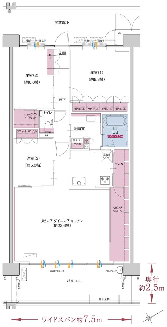 ポレスター自治医大ガーデンヴィラの間取り図　L：3LDK+ウォークインクロゼット+パントリー+リビングクローク