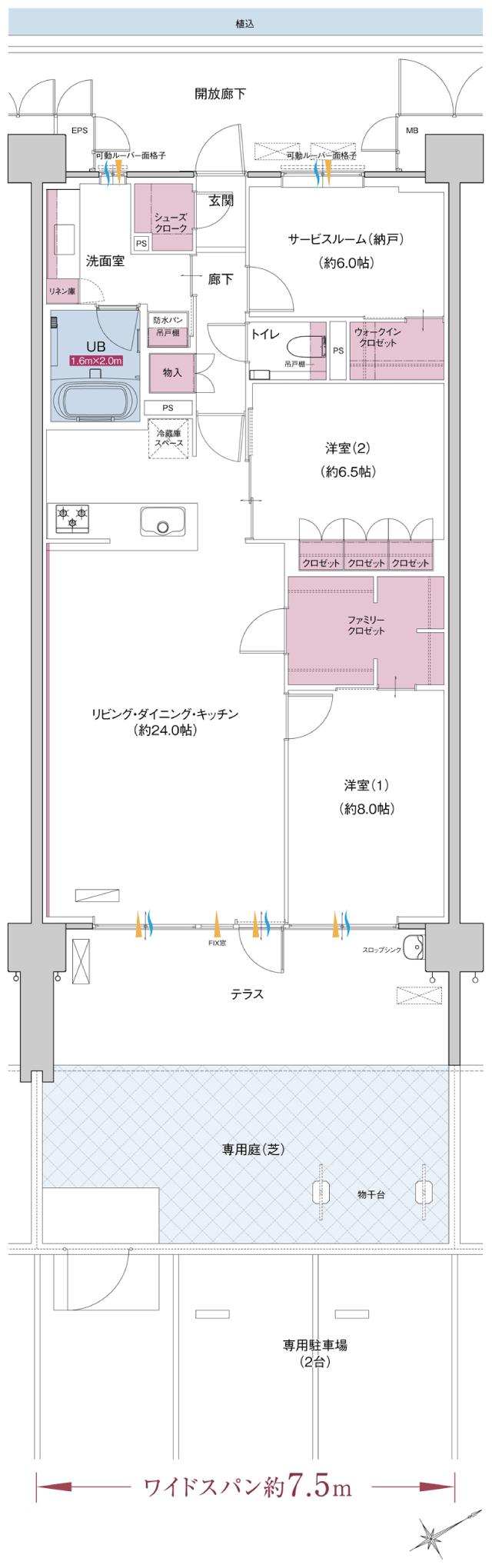 ポレスター自治医大ガーデンヴィラの間取り図　JG：2LDK+S(納戸)+ウォークインクロゼット+ファミリークロゼット+シューズクローク