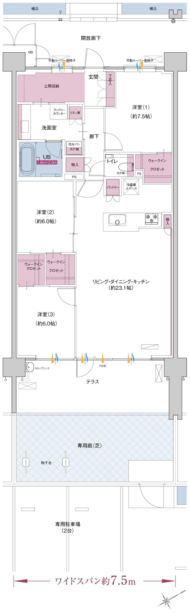ポレスター自治医大ガーデンヴィラの間取り図　KG：3LDK+ウォークインクロゼット×3+土間収納+パントリー