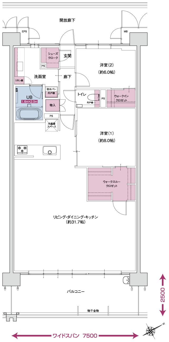 ポレスター自治医大ガーデンヴィラの間取り図　J(6階）  MENUPLAN：2LDK+ウォークインクロゼット+ウォークスルークロゼット+シューズクローク