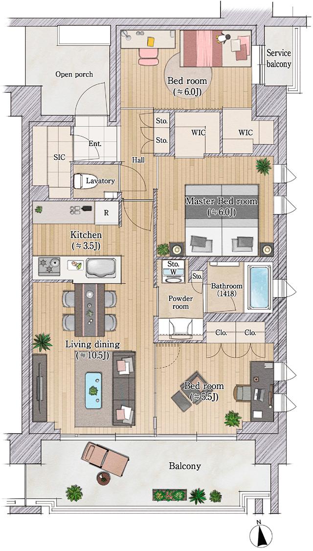 レジデンシャル中野鷺宮の間取り図　C：3LDK+2WIC+SIC