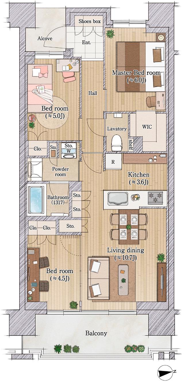 レジデンシャル中野鷺宮の間取り図　F：3LDK+WIC