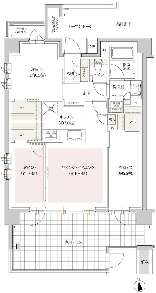 レジデンシャル中野鷺宮の間取り図　At：3LDK+3WIC