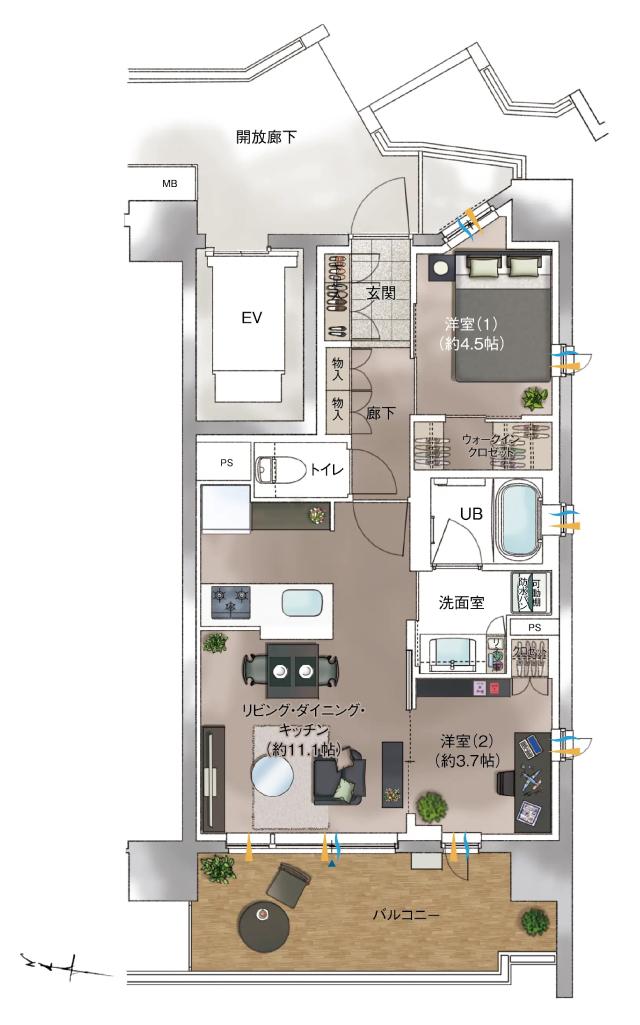 ポレスター立川の間取り図　B：2LDK+ウォークインクロゼット