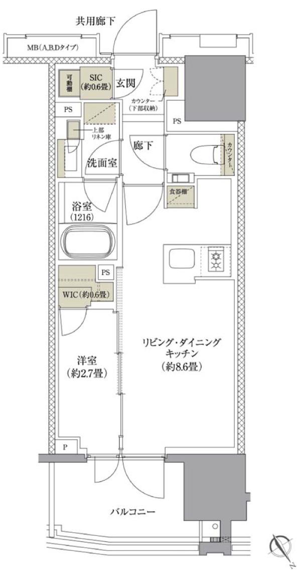 ザ・パークハウス 目黒不動前レジデンスの間取り図　A：1LDK+WIC+SIC