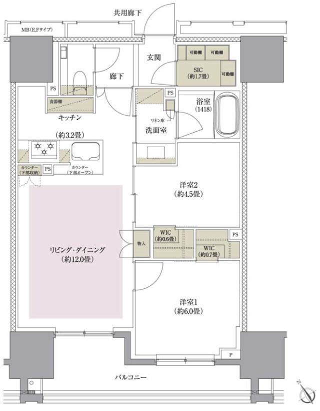 ザ・パークハウス 目黒不動前レジデンスの間取り図　E：2LDK+2WIC+SIC