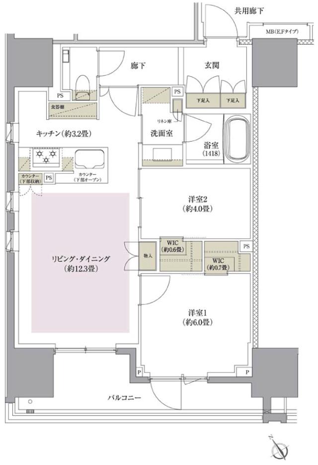 ザ・パークハウス 目黒不動前レジデンスの間取り図　F：2LDK+2WIC