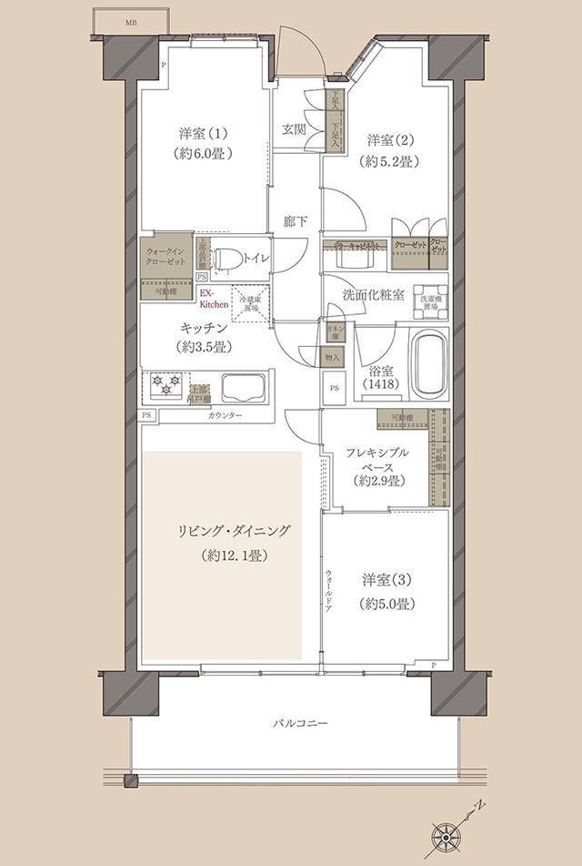 ドレッセ南町田グランヴィラの間取り図　Bd：3LDK+フレキシブルベース+WIC