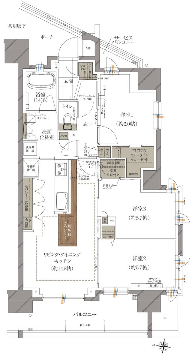 ルピアコート川口本町の間取り図　D：3LDK+WIC+FC+HC+SIC